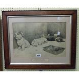 Cecil Aldin: an early 20th Century monochrome print entitled Handle With Care, depicting puppies and