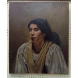 An unframed relined oil on canvas portrait of a continental lady - 61cm X 50cm - small scuff