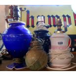 Four vintage table lamps comprising Venetian glass (a/f), porcelain, pottery and marble examples