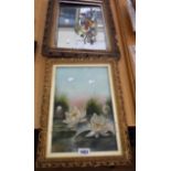 A gilt framed Edwardian painting on glass, depicting a lily pond - sold with a similarly decorated