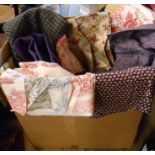 A box containing bags of assorted textiles and fabrics including Sanderson, tweed, etc.