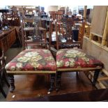A pair of Edwardian decorative inlaid walnut framed boudoir chairs with harebell splats and