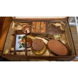An old pressed board suitcase containing a quantity of collectable items including Japanese drawer