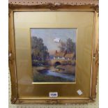 J. Hedley: a gilt framed and slipped watercolour, depicting a rural riverside building and