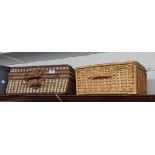 A wicker picnic hamper and picnic set contents - sold with another smaller empty hamper
