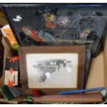 A box containing a quantity of collectable items including vintage Make Your Own Moccasins kit,