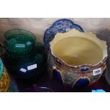 A large pottery jardiniere - sold with a vintage green pressed glass fruit set and a Japanese blue