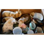 A small box containing assorted ceramics including character jugs, Teviotdale resin pig figurine,