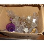 A box containing a quantity of glass scent bottles, stoppers, etc. - various condition