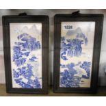 A pair of modern Chinese transfer printed tiles in hardwood frames