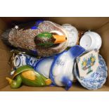 A box containing a quantity of assorted ceramic items including duck form tureen, etc.