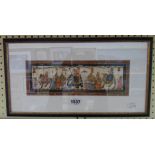 A framed 20th Century Mughal painting, depicting a procession with figures, horse, elephant and