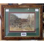 A framed watercolour, depicting a view of Wilmington church in Sussex - inscribed verso of image