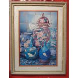A large framed decorative coloured print still life with Oriental ceramics
