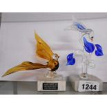 Two vintage Beckhurst of Eastbourne glass lampwork bird figurines on marble stands