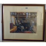 A framed signed coloured print, depicting an elderly couple seated by a fire in an interior