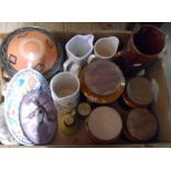 A box containing assorted ceramic items including Hornsey Heirloom storage jars, advertising pub