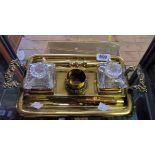 A Victorian brass inkstand with pair of glass inkwells and stoppers (one a/f) - sold with a World