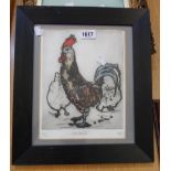 A framed limited edition print, depicting a cockerel and hen - signed with initials, titled and