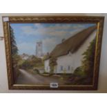 A gilt framed oil on board, depicting a rural village cottage and church