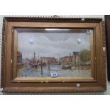 Arch Webb RBA: a gilt framed watercolour, depicting continental busy waterway with waterside town