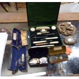 An old cased manicure set - sold with assorted pairs of gold rimmed and other vintage spectacles and