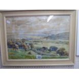 Rutherford R.A.: a painted and hessian framed vintage watercolour, depicting a landscape - signed