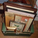 A box containing a collection of original works and prints including floral studies, hunting