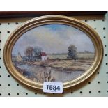 Barbara Melton: a miniature oval framed mixed media painting, depicting a view at Wicken Fen