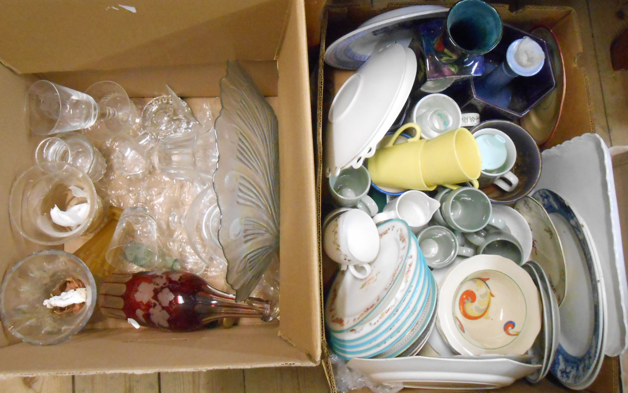 Two boxes containing a selection of ceramics and glassware including Reubens ware vase, Royal