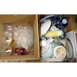 Two boxes containing a selection of ceramics and glassware including Reubens ware vase, Royal