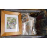 A crate containing a quantity of assorted textiles and related items including candlewick bedspread,