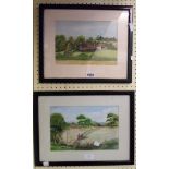 D. Farley: two framed watercolours, one depicting a view of Burham Overy Mill, the other depicting