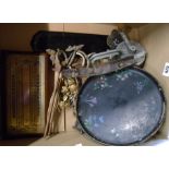 A box containing a small quantity of collectable items including brass and wood cribbage board,
