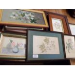 A collection of framed original and print floral study pictures - various age and condition