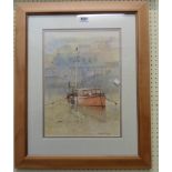 David Norman: a framed watercolour entitled Mevagissey Morning II, depicting a fishing vessel at