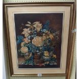 An old gilt framed watercolour still life with vase of flowers on a marble table, bird's nest and