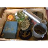 A box containing a quantity of collectable items including old Eveready torch, glass and perspex