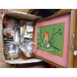 A box containing a quantity of assorted collectable items including vintage tea tray with reverse