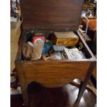 A 19th Century mahogany box commode with collectable sewing contents, set on chamfered square legs