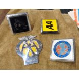 Four vintage car badges including two AA, one IPA, etc.