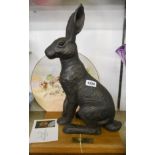 A large Suzie Marsh cold cast bronze resin figurine entitled Alert Hare with original named wooden