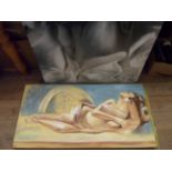 Two large printed canvases, one depicting a reclining female nude, the other foliage