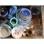 A box containing a quantity of assorted ceramic items including Devonmoor pottery vase, Colin Kellam