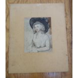 An unframed watercolour half length portrait of a seated lady in 18th Century dress