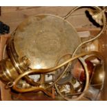 A box containing a quantity of brass and other ware including hanging lamps, brackets, scales, etc.
