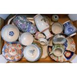 A box containing a quantity of assorted ceramic items including Imari bowl, Chinese rice bowls,