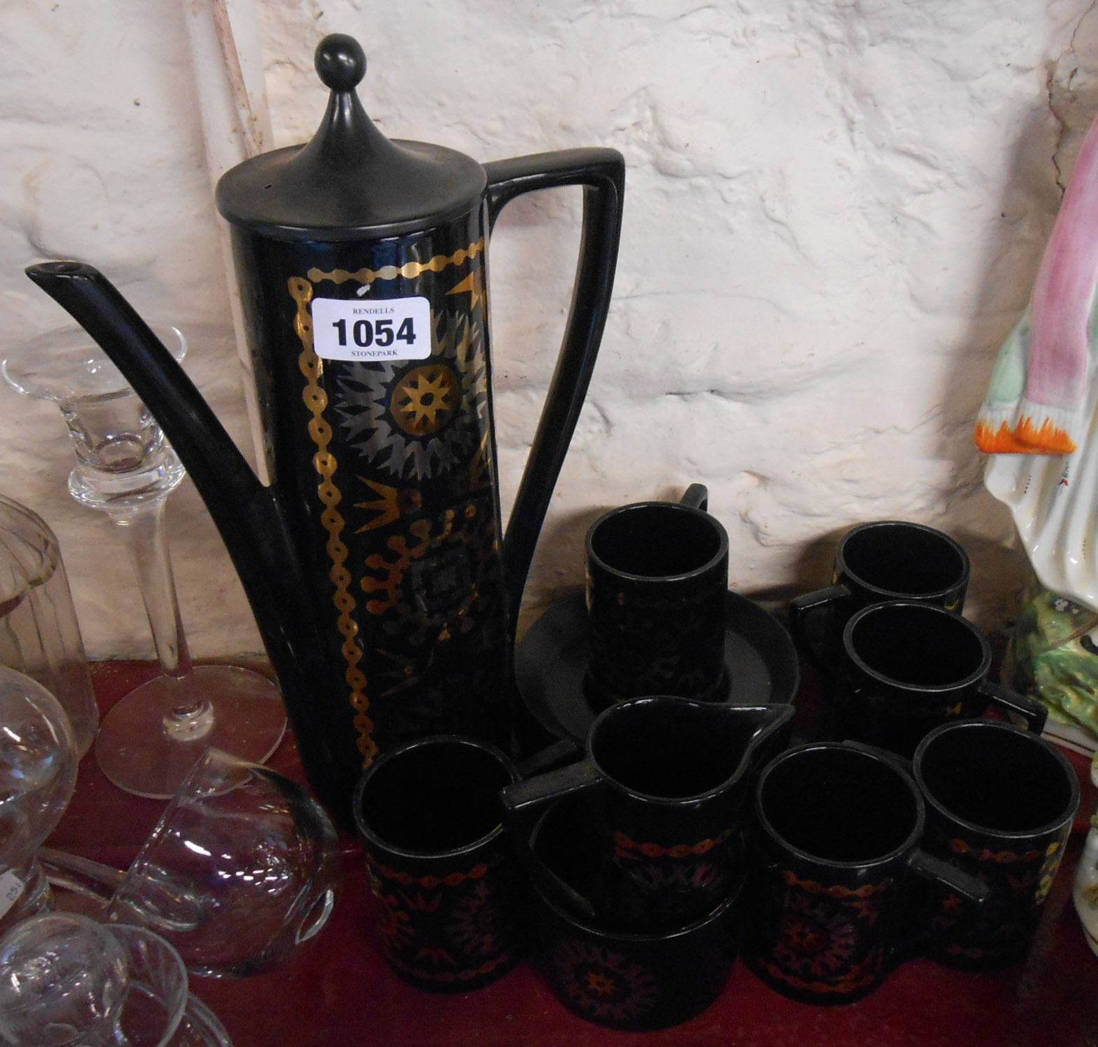 A vintage Portmeirion pottery coffee set in the Coptic Brocade pattern designed by Susan Williams