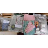 A small box containing a quantity of sewing related items including an old tatting set, assorted