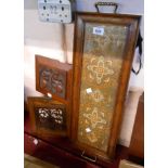 An old tea tray with glazed tapestry panel - sold with two carved wood furniture panels